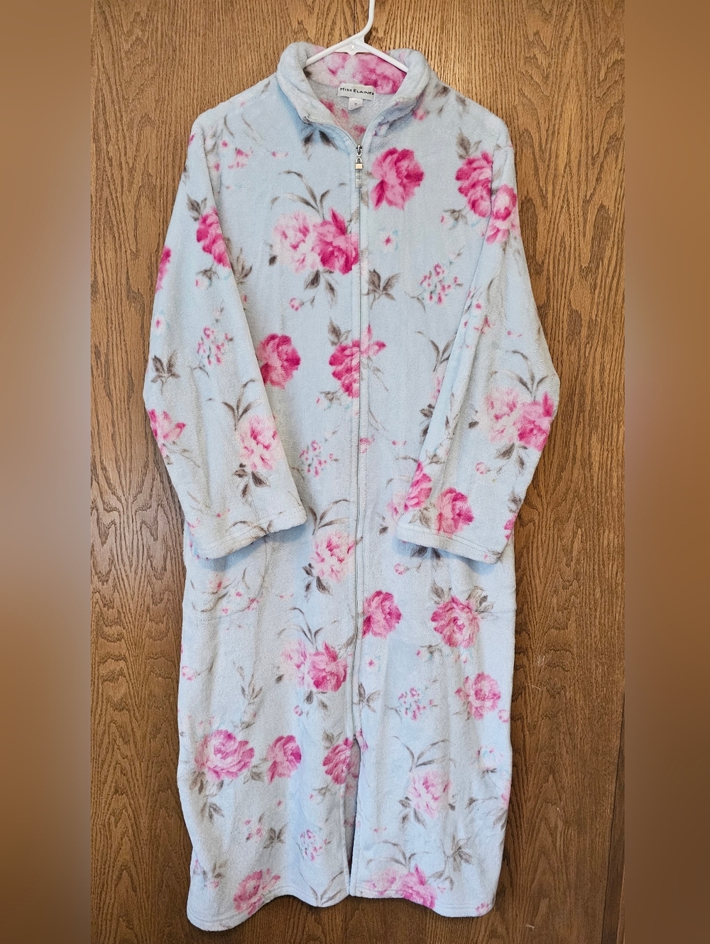 Miss Elaine Plush Zip Robe House Coat in Light Blue with Pink Floral Print